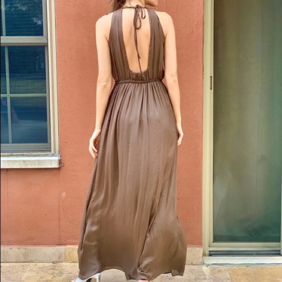 Zara Empire Waist Brown Satin Open Back Slit Maxi Dress Size XS - Picture 13 of 16